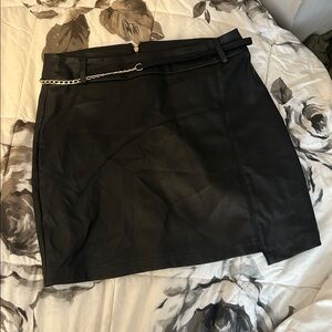 Vintage Kenzo Black Faux Leather Mini Skirt Gold Chain Detailing Size Medium